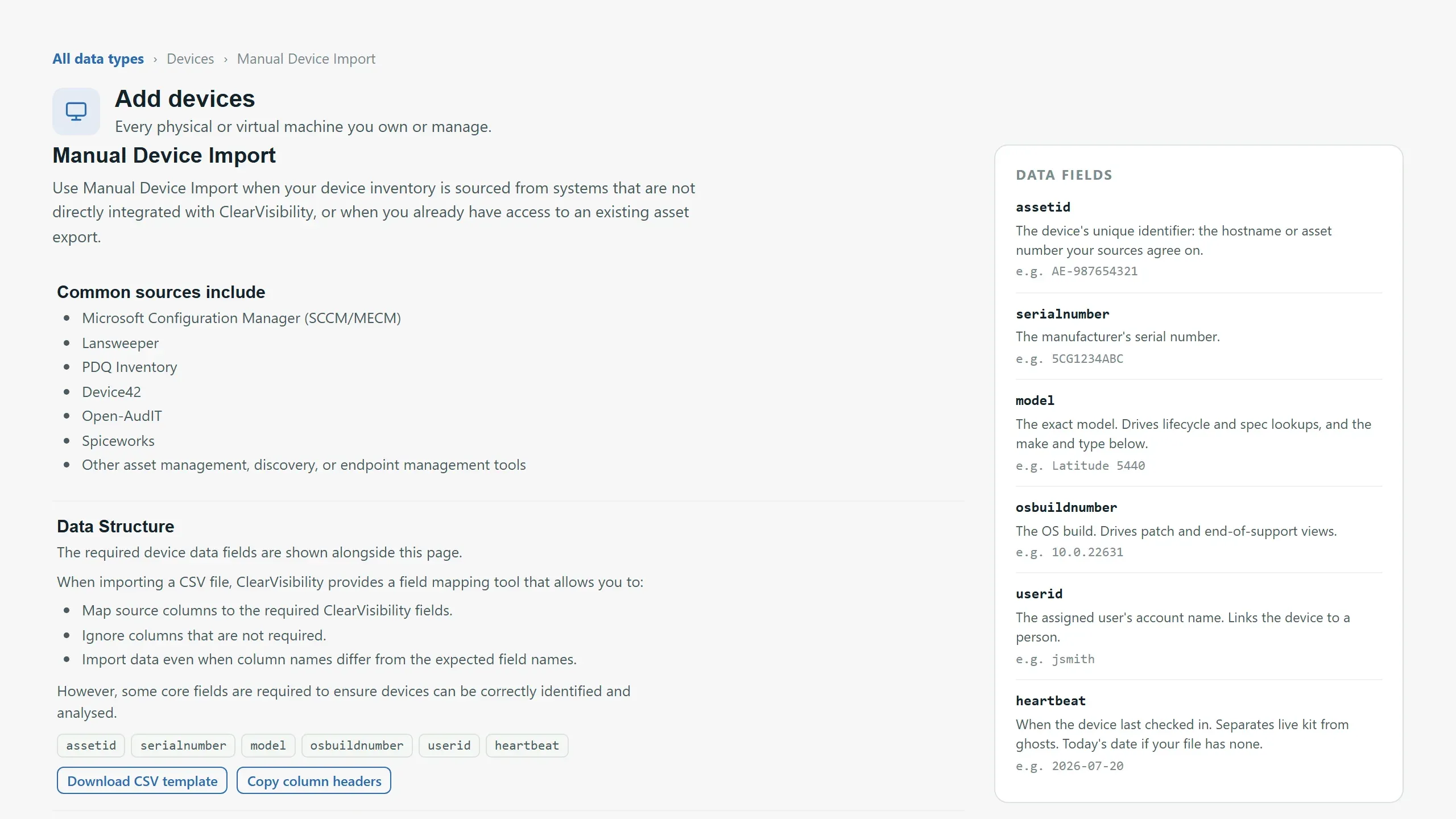 The device import page: common sources, the data fields ClearVisibility needs, and a CSV template to download.